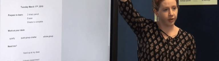 A teacher standing in front of a screen in a classroom