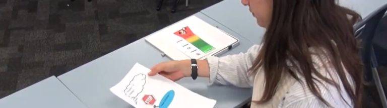 Teacher looking at sheets with visuals on them