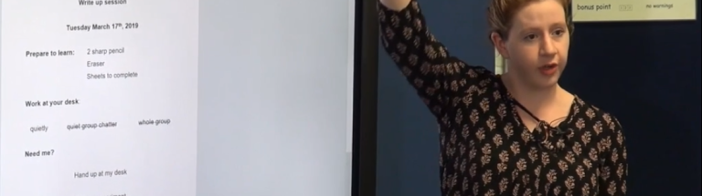 A teacher standing in front of a screen in a classroom